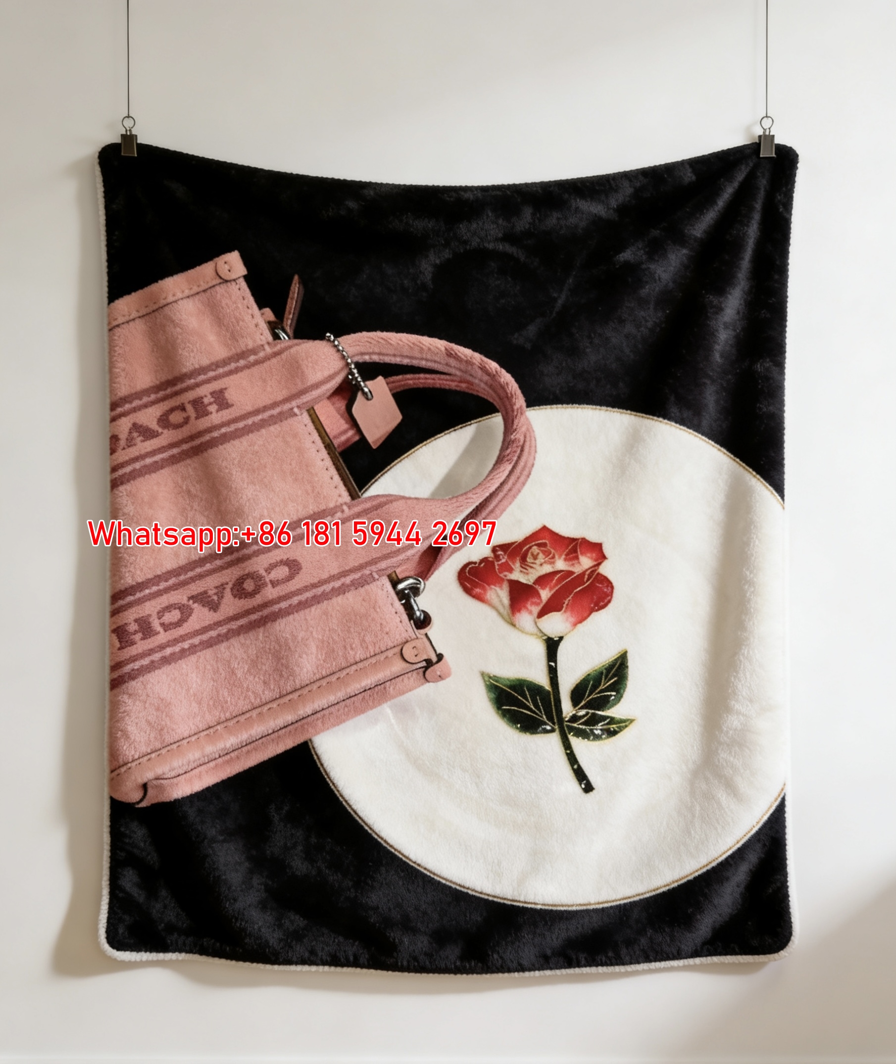 Coach Pink Fabric Bag & Rose Plate Print Flannel Sofa Throw Blanket C278